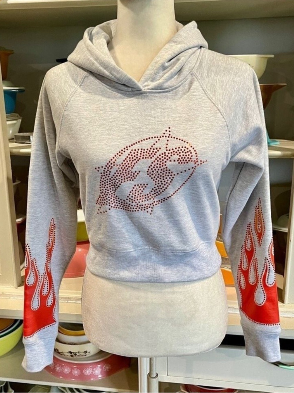 Full Send Cropped Hoodie with Rhinestone Bling and Flamed Out Sleeves - Size XS